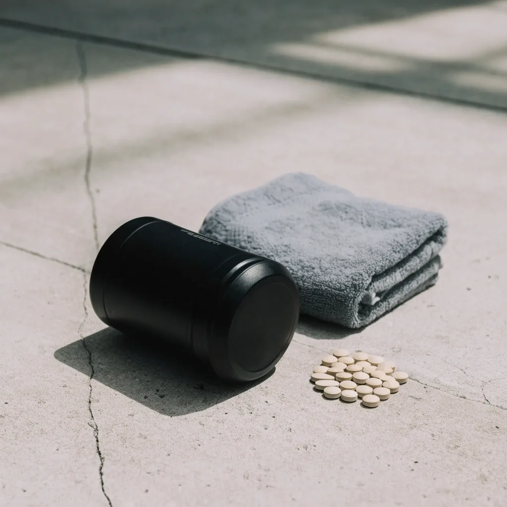 A plain matte sports tub beside a folded towel and a small pile of tablets on pale concrete