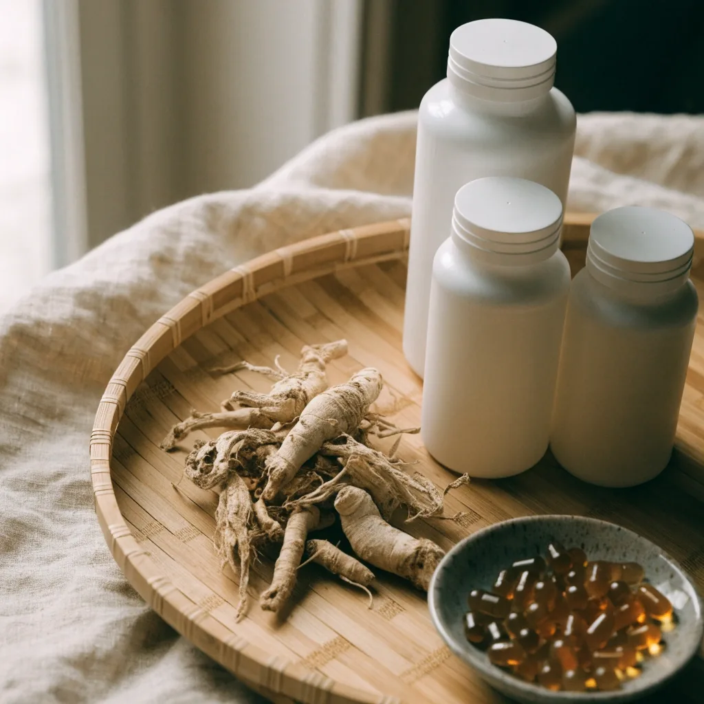 An unlabelled supplement shelf with plain bottles, dried root slices and capsules laid out on a pale surface