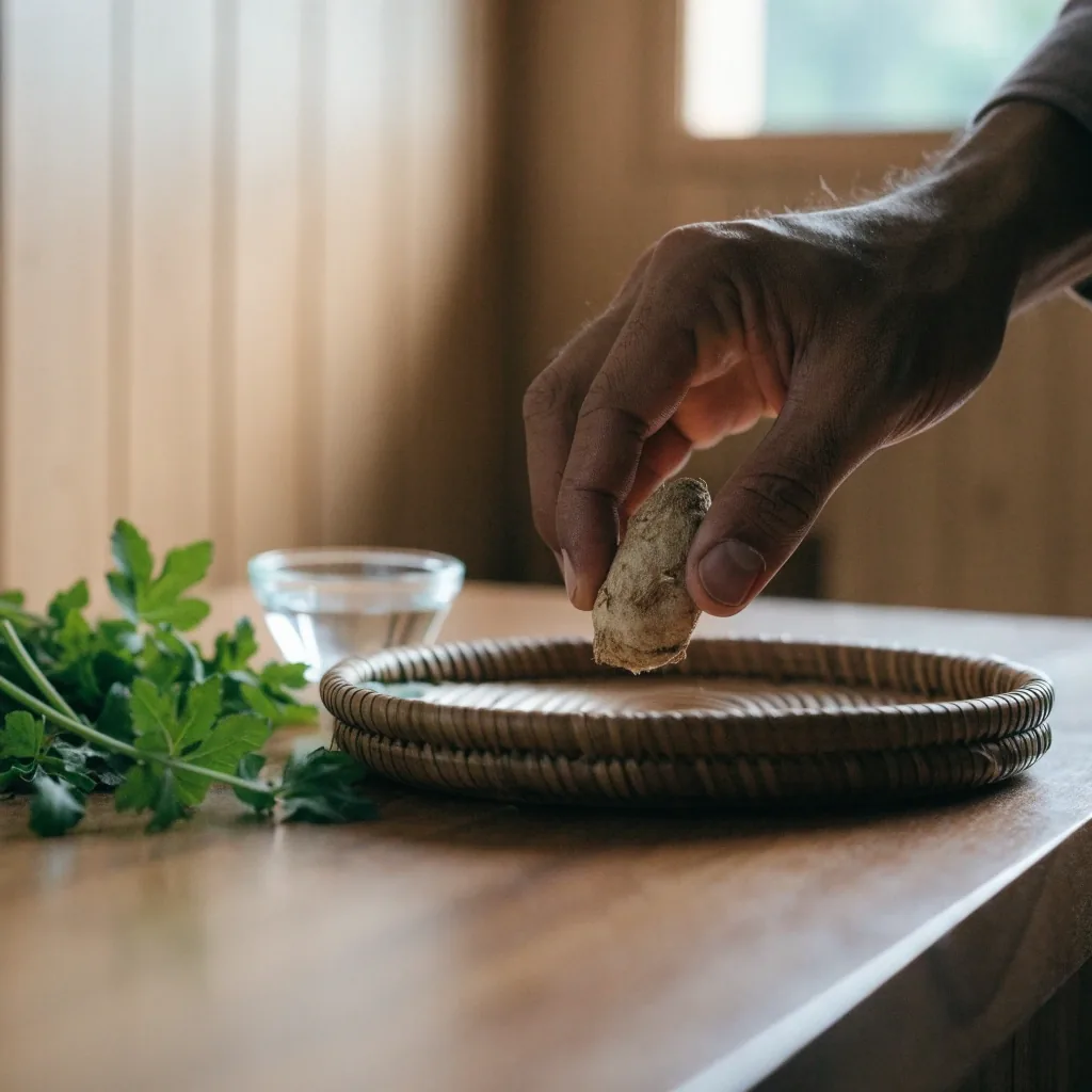 Dried maca root chunks and green herb leaves arranged on white paper beside a glass dish