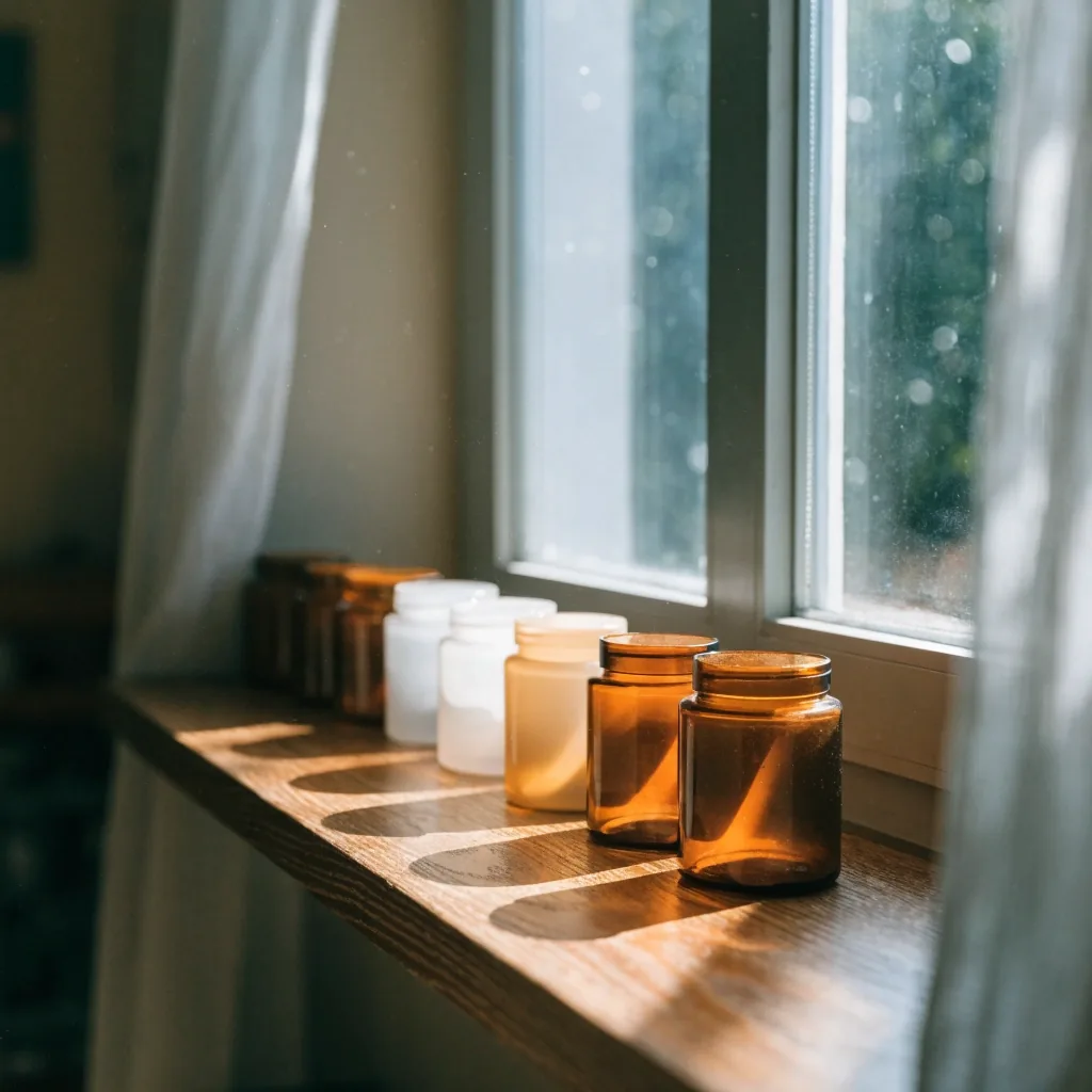 A shelf of unlabelled supplement containers beside a window in soft daylight
