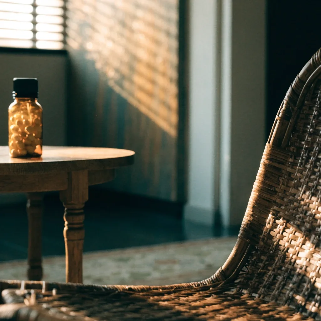 A pressed dried botanical on a white mount card catching late afternoon light on a wall