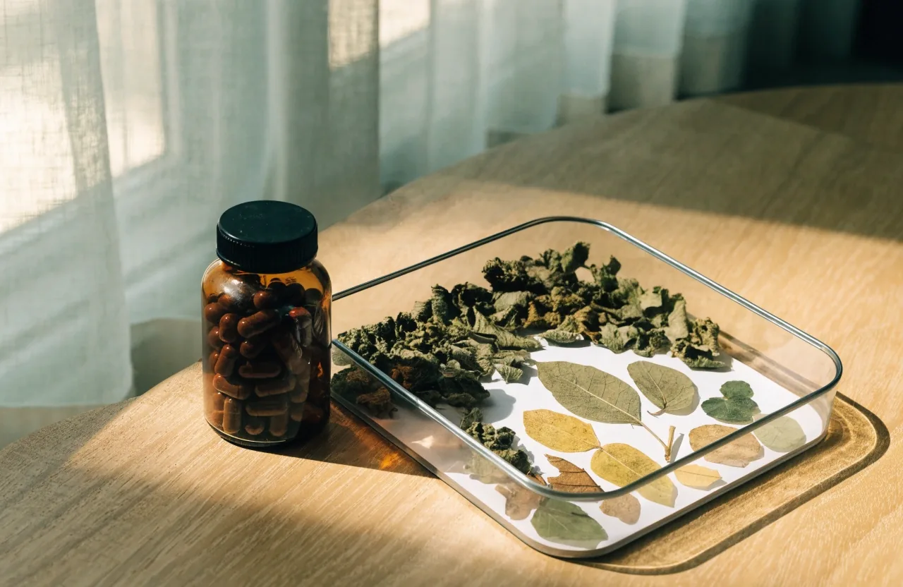 Dried leaves and pressed botanical pieces arranged on white mounting paper