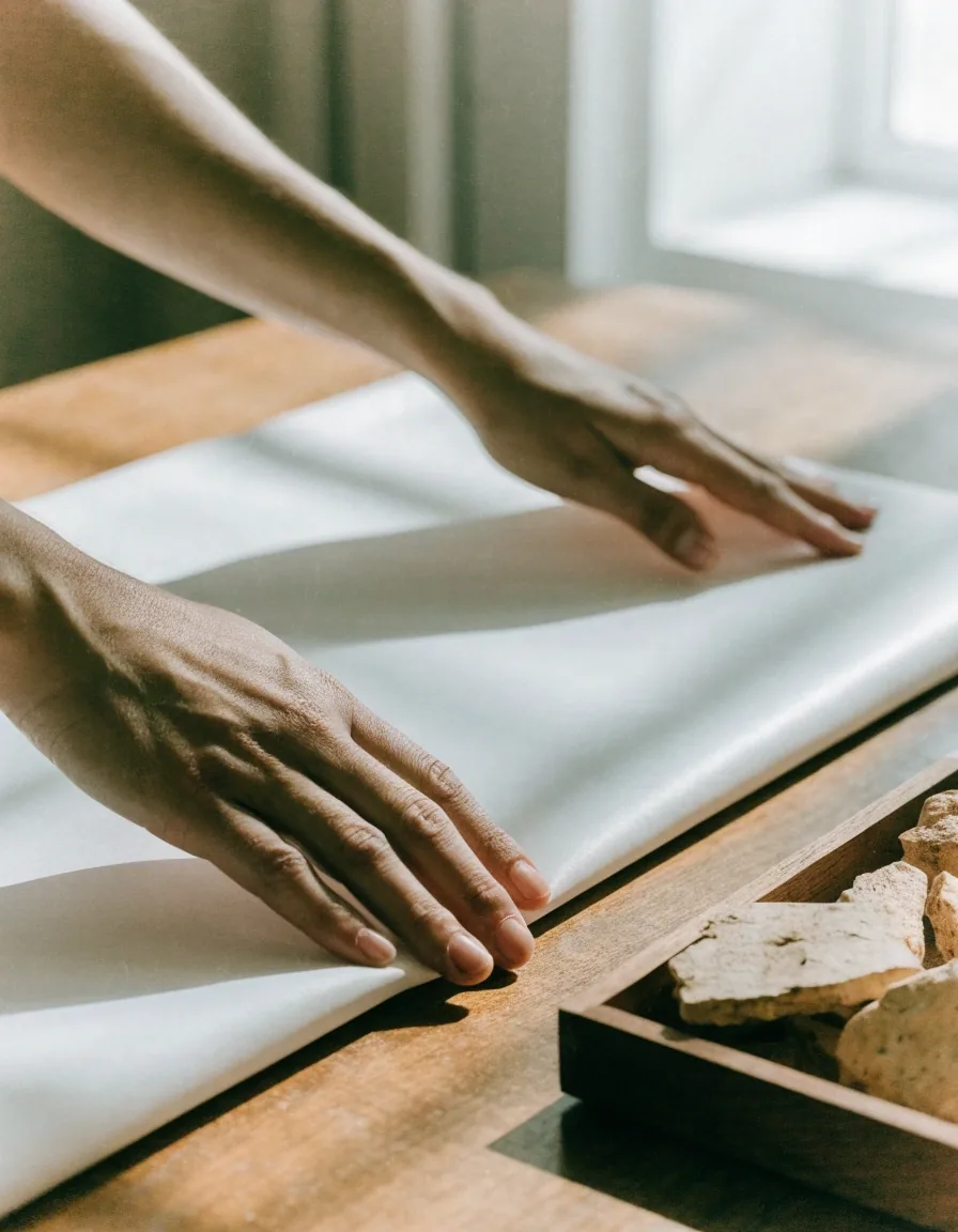 Hands smoothing a blank white mounting sheet beside a wooden tray of dried root slices