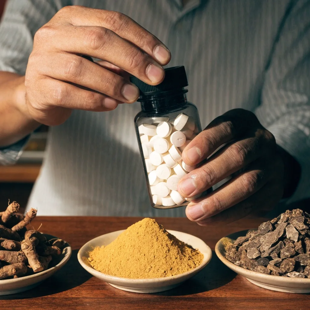 An unbranded supplement bottle and a blank card on a pale surface beside dried herbs