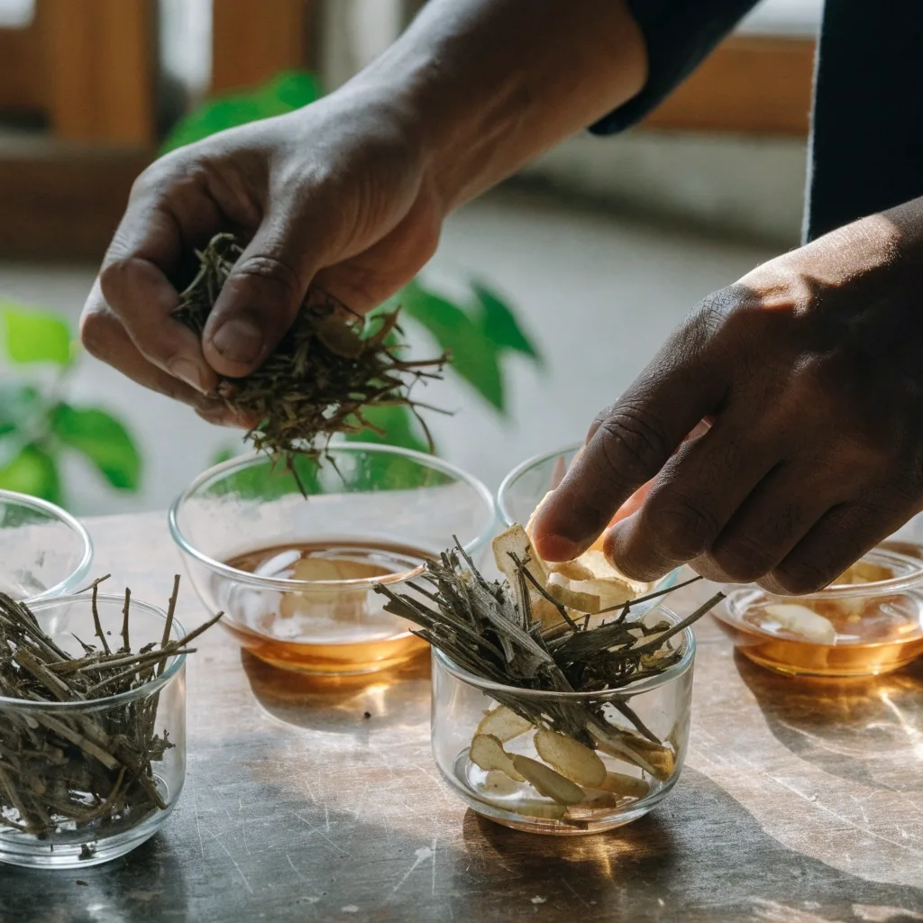 Dried ginseng root slices arranged on white paper