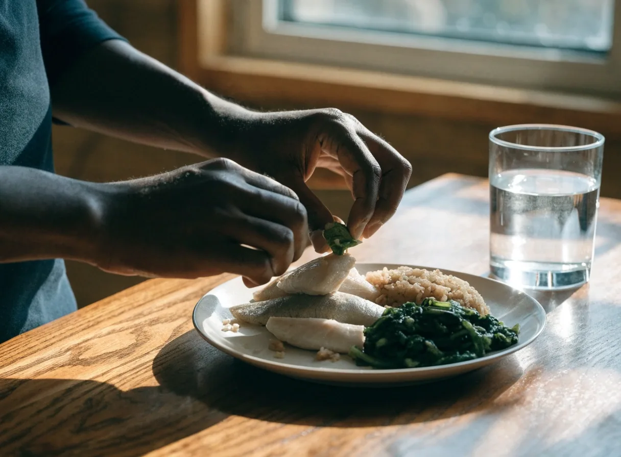 A daylit kitchen table with a plate of fish, greens and rice beside an open notebook
