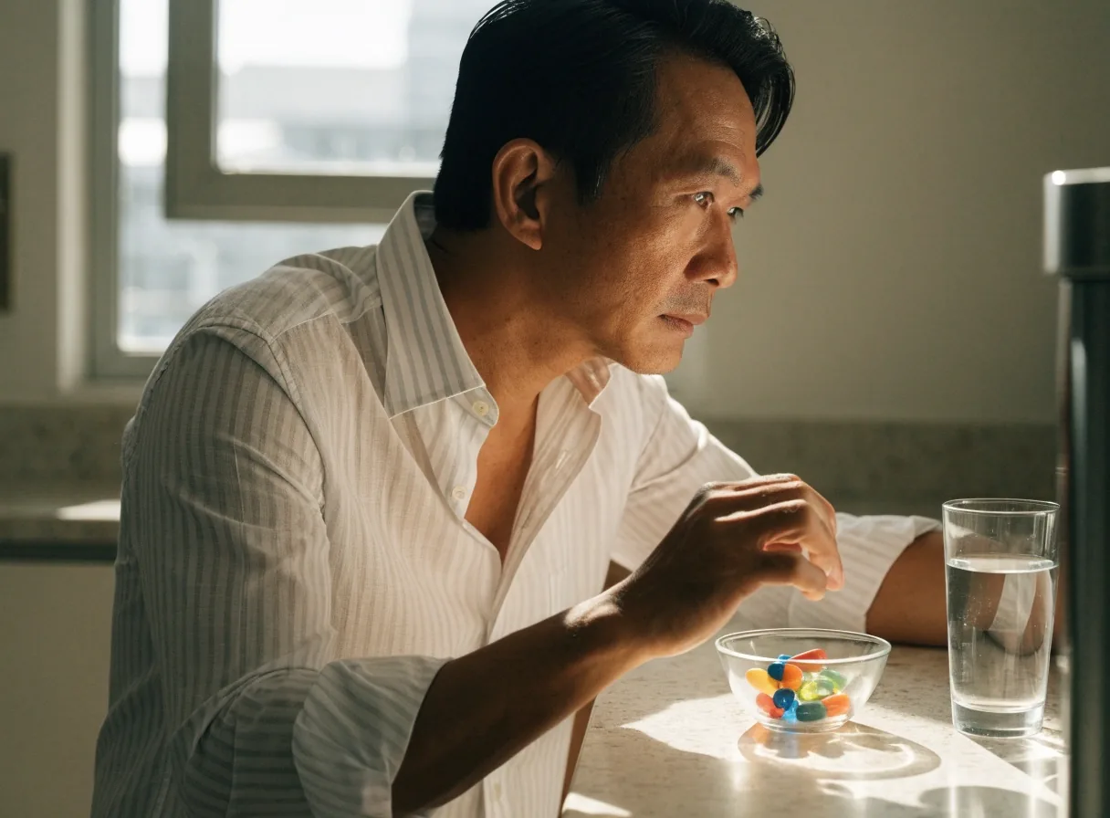 A single plain capsule held between two fingers over white paper on a wooden table