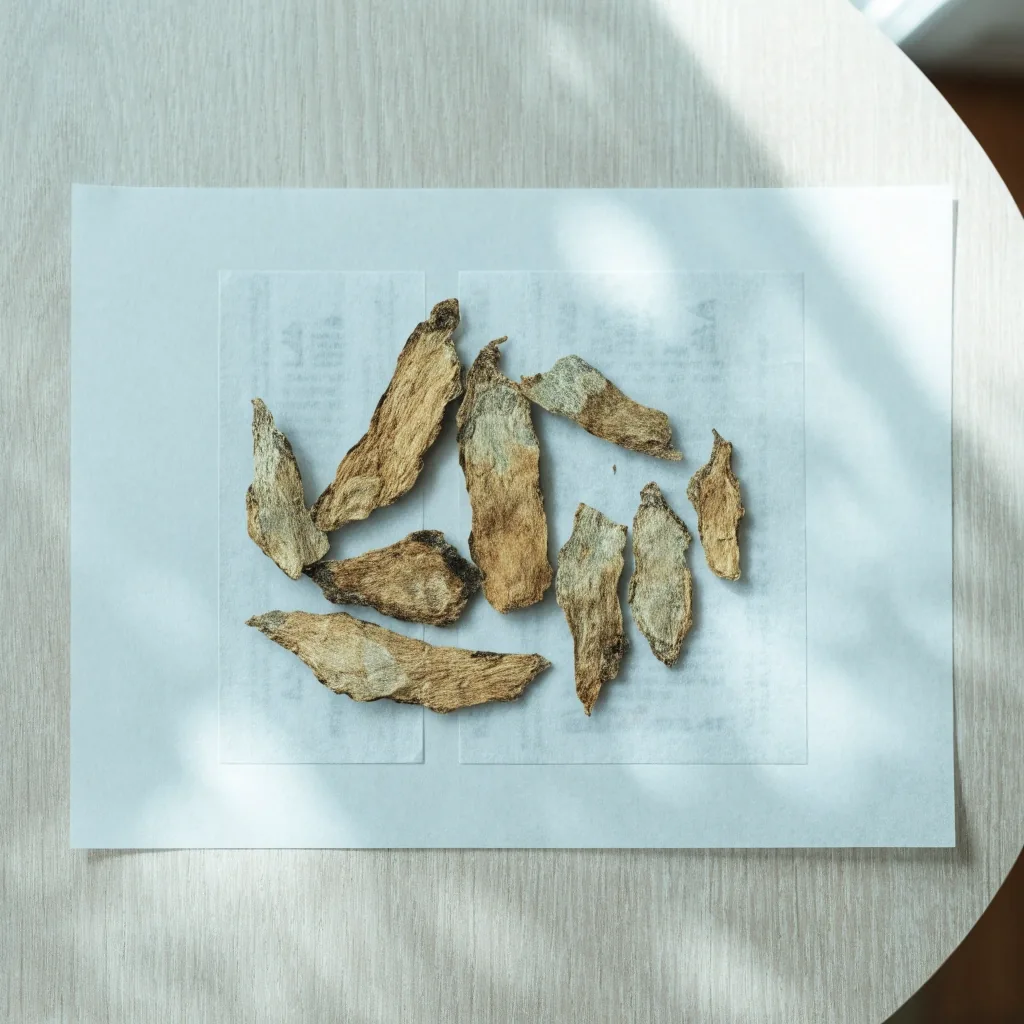 Pressed botanical slivers mounted on white paper in daylight