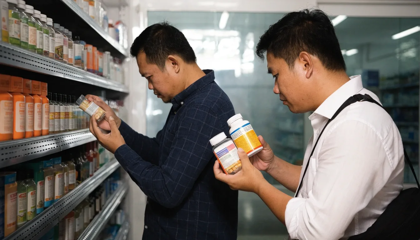 Two men comparing capsule bottles at a supplement shelf in a drugstore aisle