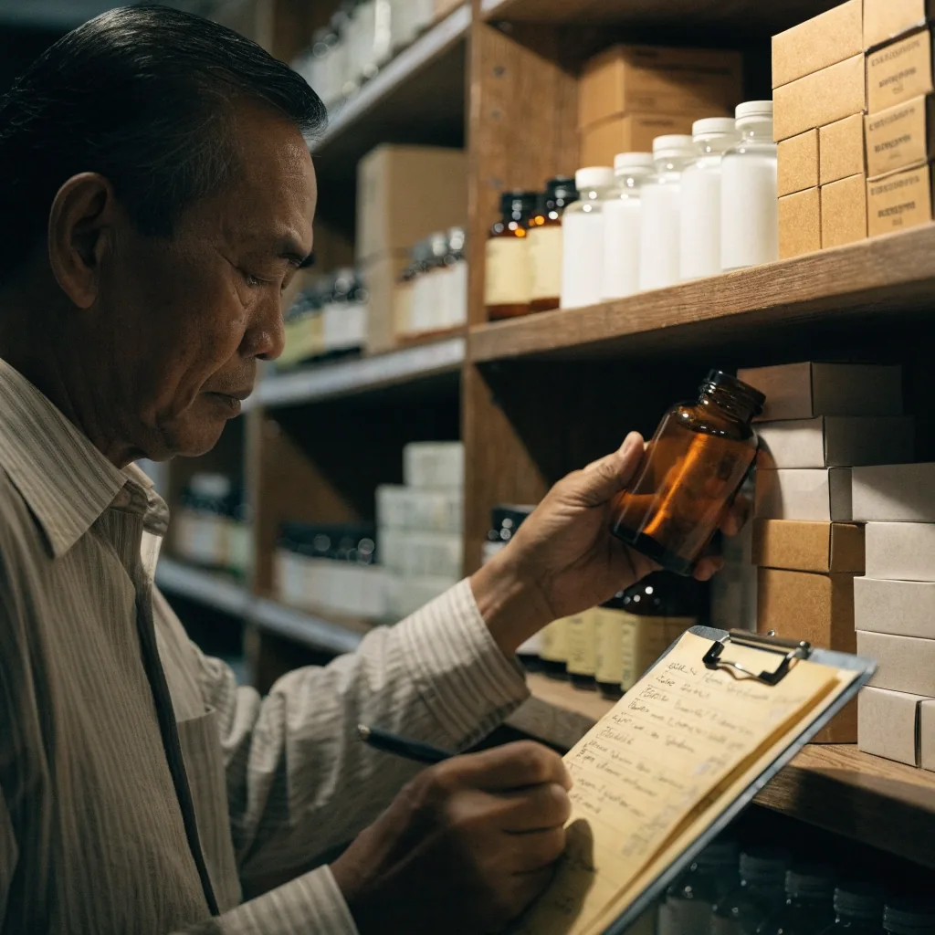 A hand lifting a plain supplement bottle from a softly lit retail shelf