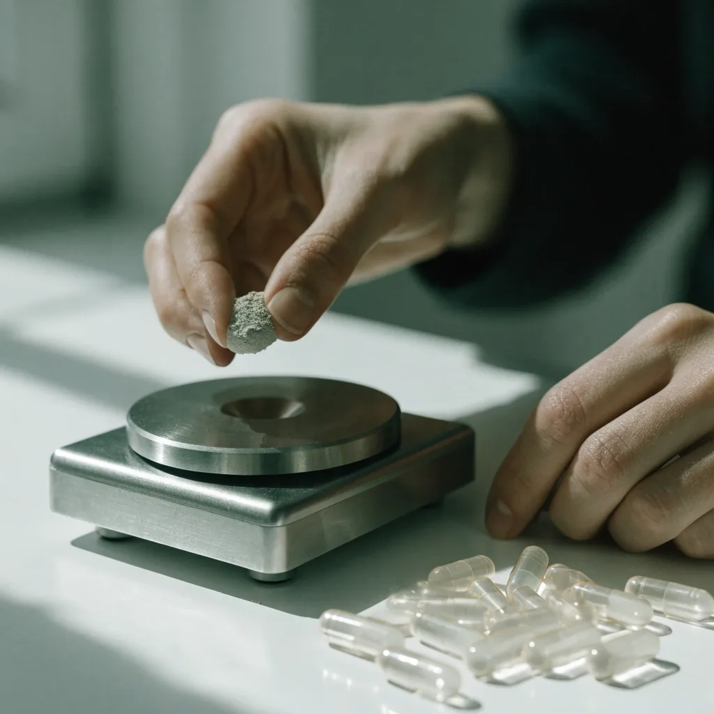 Clear capsules and a dish of botanical powder laid out on white paper beside a steel ruler