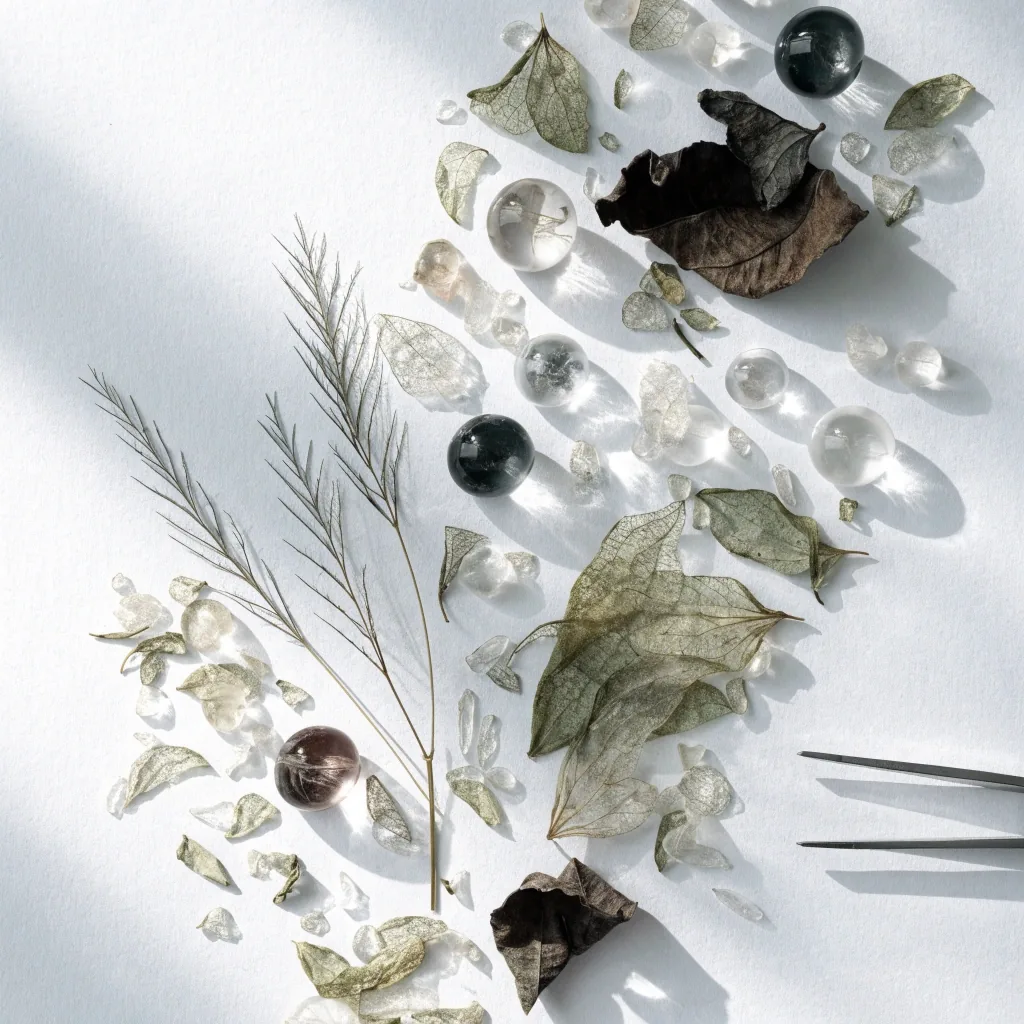 Dried botanical pieces and clear capsules fanned out on white mounting paper