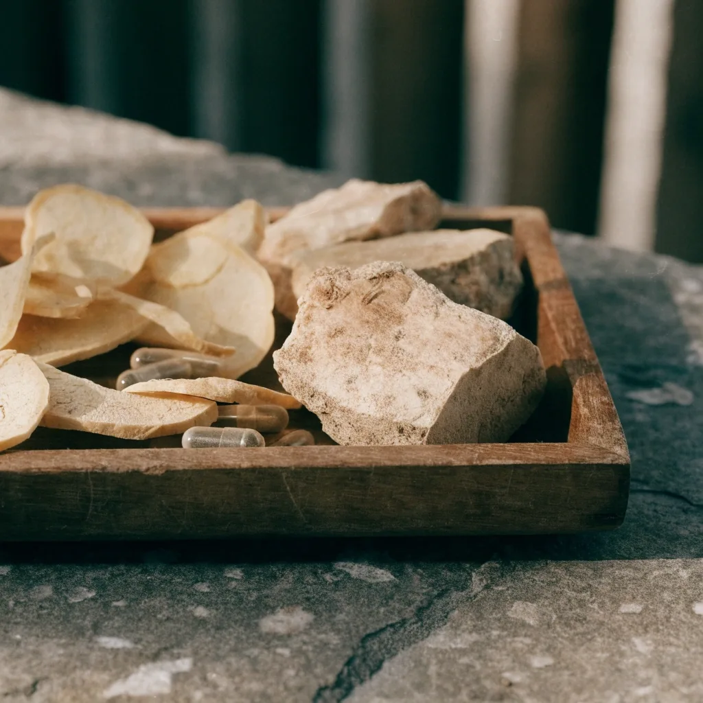 Dried root pieces beside clear capsules on pale paper
