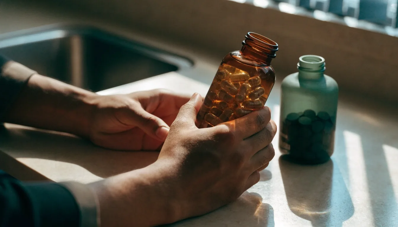 Two groups of plain unlabeled supplement containers on a softly lit pantry shelf