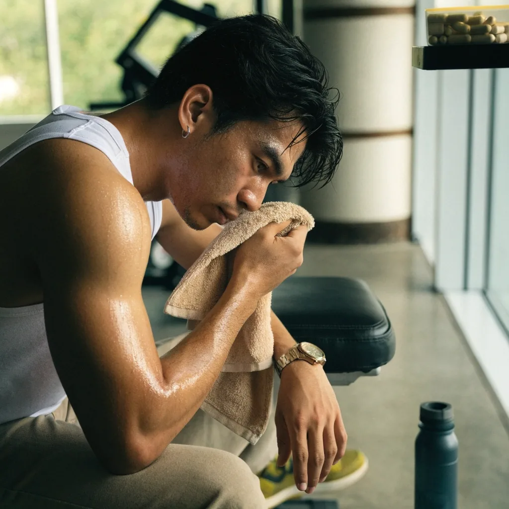 A gym towel and matte water bottle on a bench in a bright exercise room