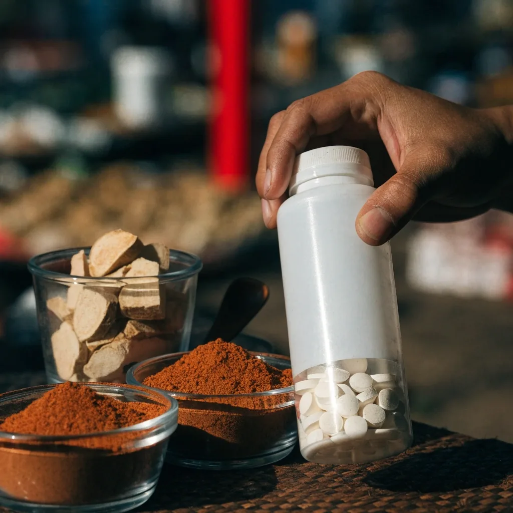 An unbranded white bottle beside a small fan of dried botanical pieces on a shop counter