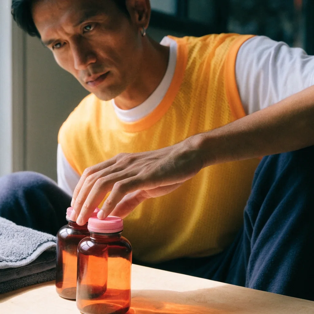 Two unlabeled supplement bottles on a pale wooden surface in soft daylight
