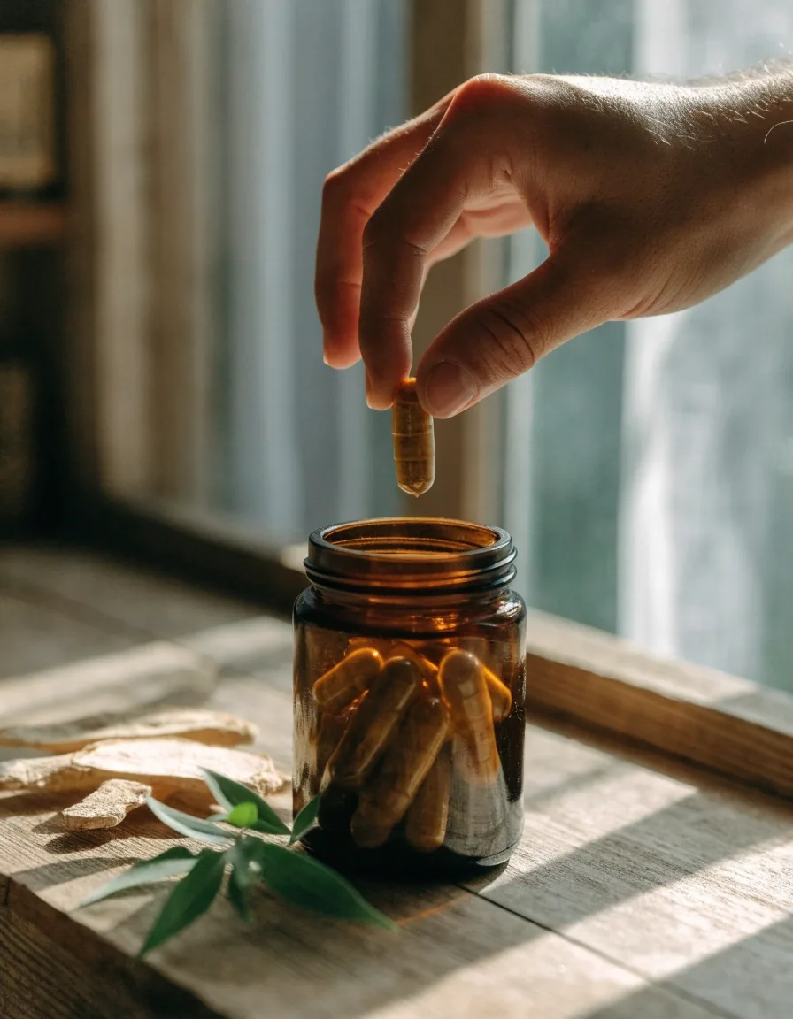 Hands turning a jar of botanical capsules on a kitchen counter in morning light